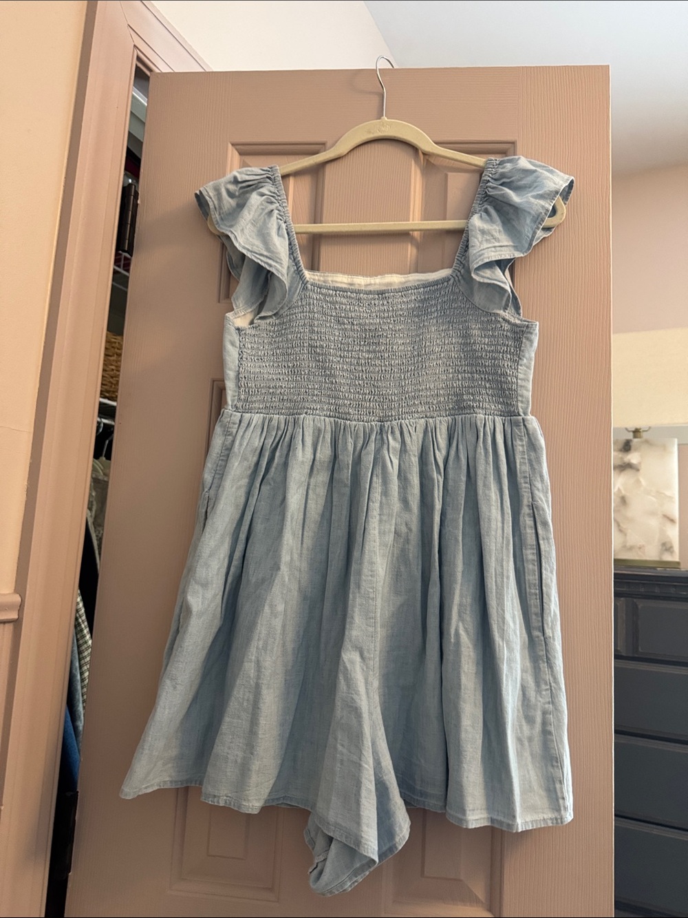 Light Wash Denim Romper with Flutter Straps - Picture 5 of 5